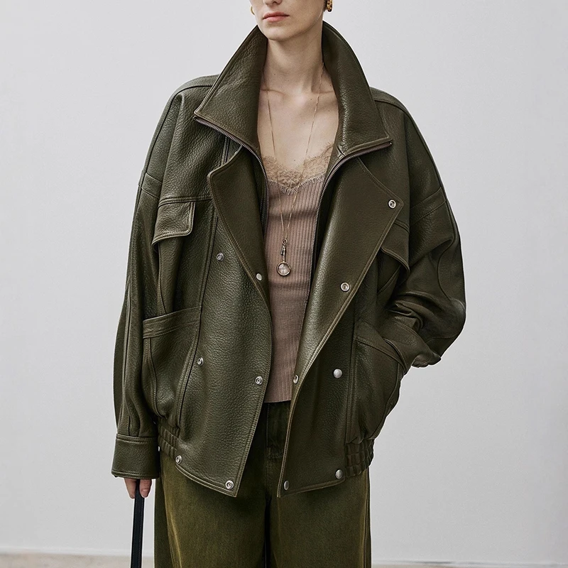 Brown Sheepskin Bubble Skin Coat Female Retro Double Layer Collar Double Breasted Zipper Loose Leather Jacket Winter Outerwear