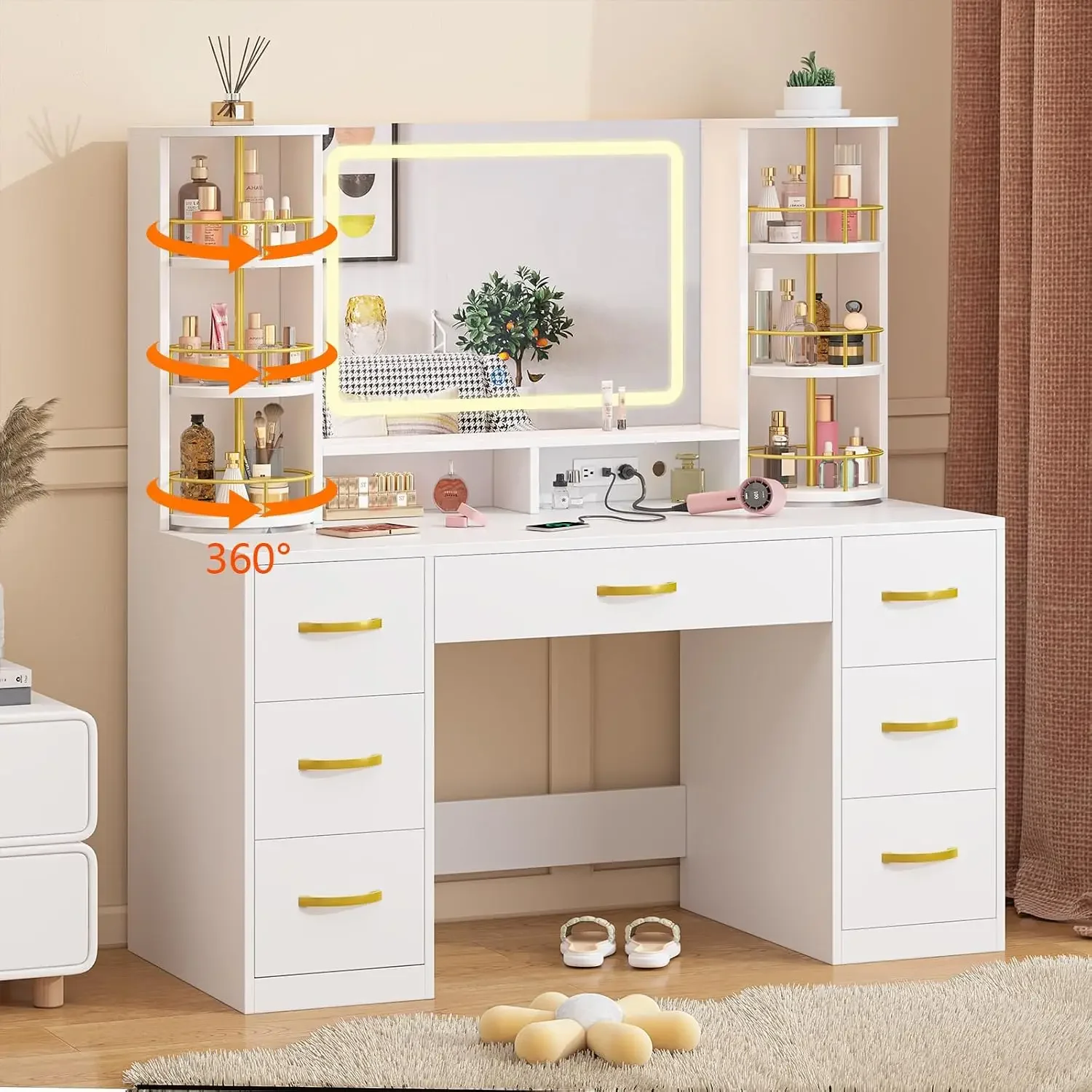 CSZZD White Vanity Desk 360 Rotating Organizer Charging Station Large Makeup LED Lighted Mirror 6 Storage Drawers Bedroom Table
