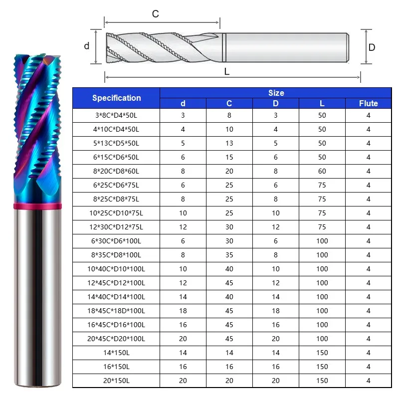 AZZKOR TGP-HRC65 Blue Nano coating 4-Flute Tungsten Steel Carbide Roughing Milling Cutter CNC Machinery Machining Rough Endmill