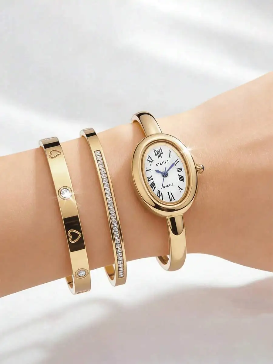 3 PiecesWomen's Watch Set, Including Stainless Steel Bracelet, Gold Quartz Watch, Elegant Oval Case And Dial - A Minimalist