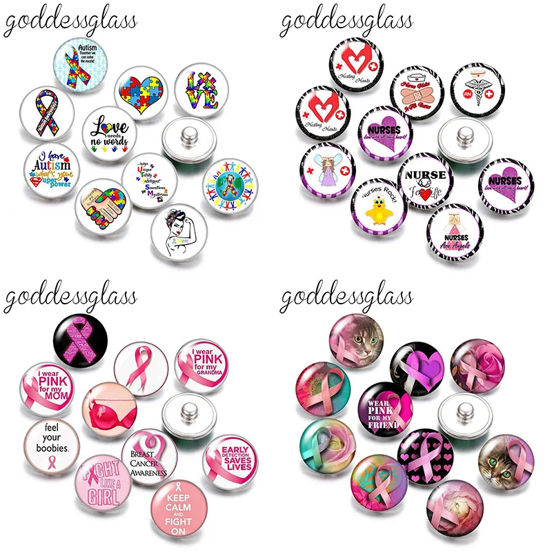 Pink Ribbon medical Nurse Autism Awareness Colorful Ribbon 10pcs Round photo 12mm/18mm snap buttons snap jewelry DIY findings