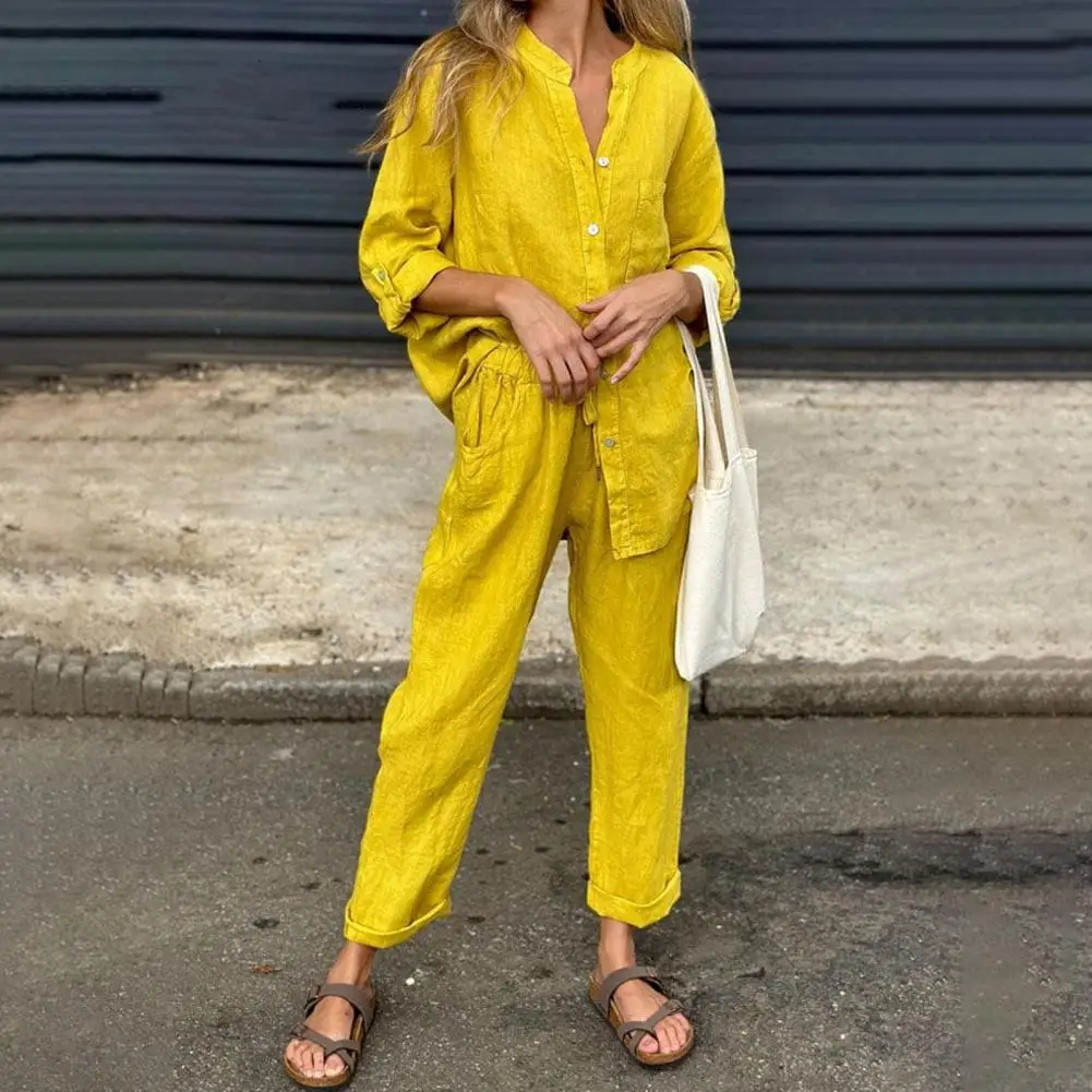 

2 Pcs/Set Women Shirt Pants Set Homewear Outfit V Neck Long Sleeve Top Wide Leg Elastic Waist Loose Pants Commute Clothes