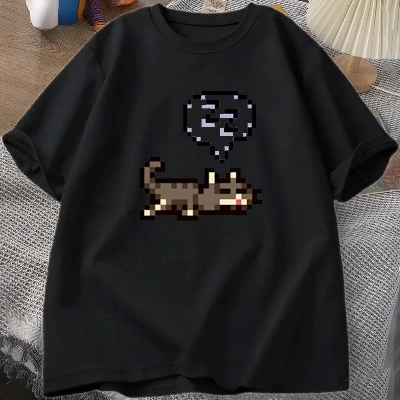 Stardew Valley Sleeping Cat Sploot Graphic T Shirts Men Women Casual Funny Short Sleeve T-shirt Cotton Tees Men Clothing