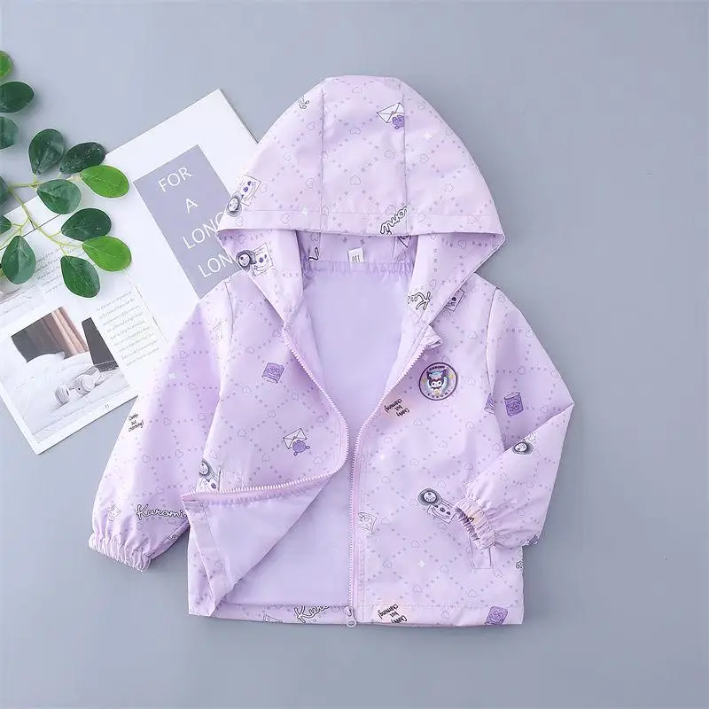 Giacca Sanrio Kuromi Nuovo stile Personaggio anime Protezione solare Cerniera con cappuccio Primavera Autunno Giacca da bambino moda manica lunga per bambini