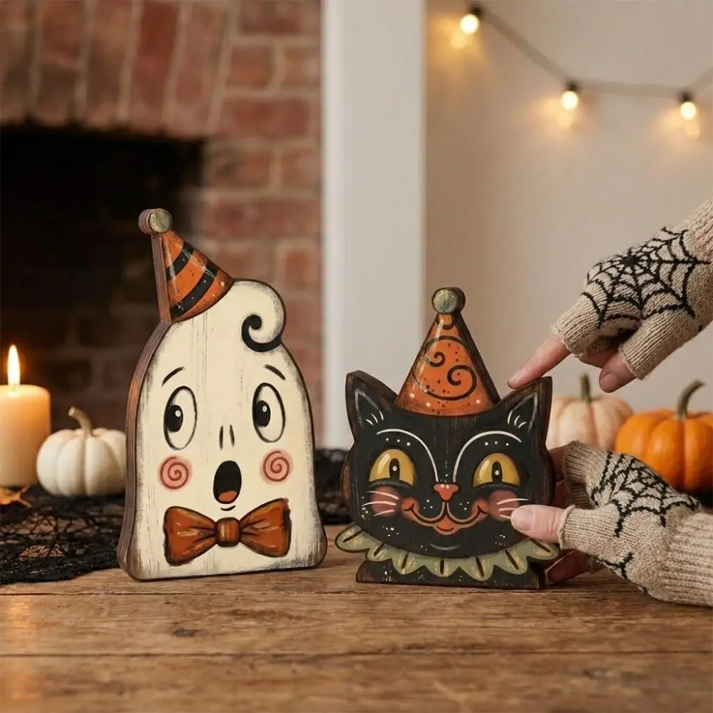 Cartoon Halloween Wooden Tabletop Sign Double Sided Pattern Hand Painted Vintage Bat Black Cat Figurines Integrated