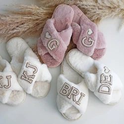 Personalized Gold Pearl Letter Bridesmaids Fluffy Slippers Custom Bridesmaids Proposal Bachelorette Party Maid of Honor Gift