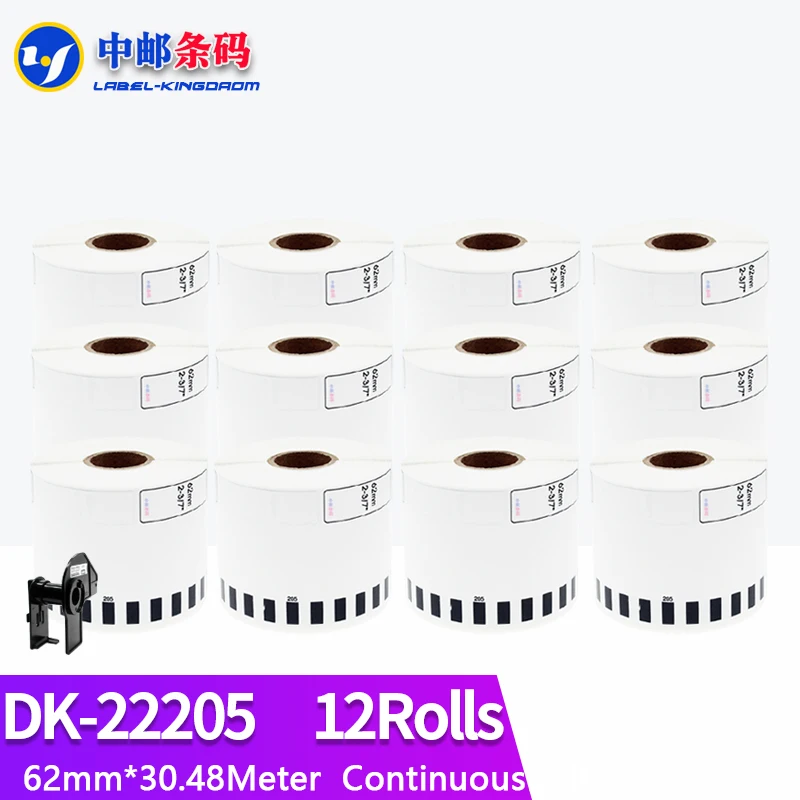 12 Rolls Brother Compatible DK-22205 Label 62mm*30.48Meter Continuous for Thermal Printer QL-700/QL-800 White Paper DK-2205