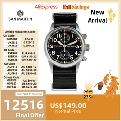 San Martin 37mm VK6130 Quartz Chronograph Watch Retro Military Wristwatch Sandblasted Steel Case Luminous Sapphire 10Bar SN0120