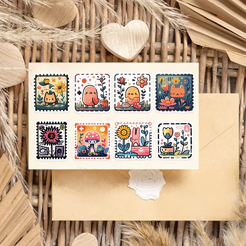 50Pcs Cute Animals Retro Stamp Stickers Cartoon Graffiti Style Stickers Decorative Waterproof Suitcase Notebook Thermos Cup