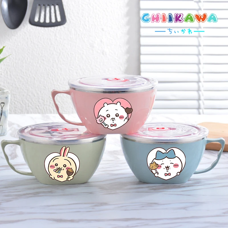 

New Chiikawas Noodle Bowl Large Capacity Stainless Steel Bowl Kawaii Double-layer Heat Protection Instant Food Storage Container