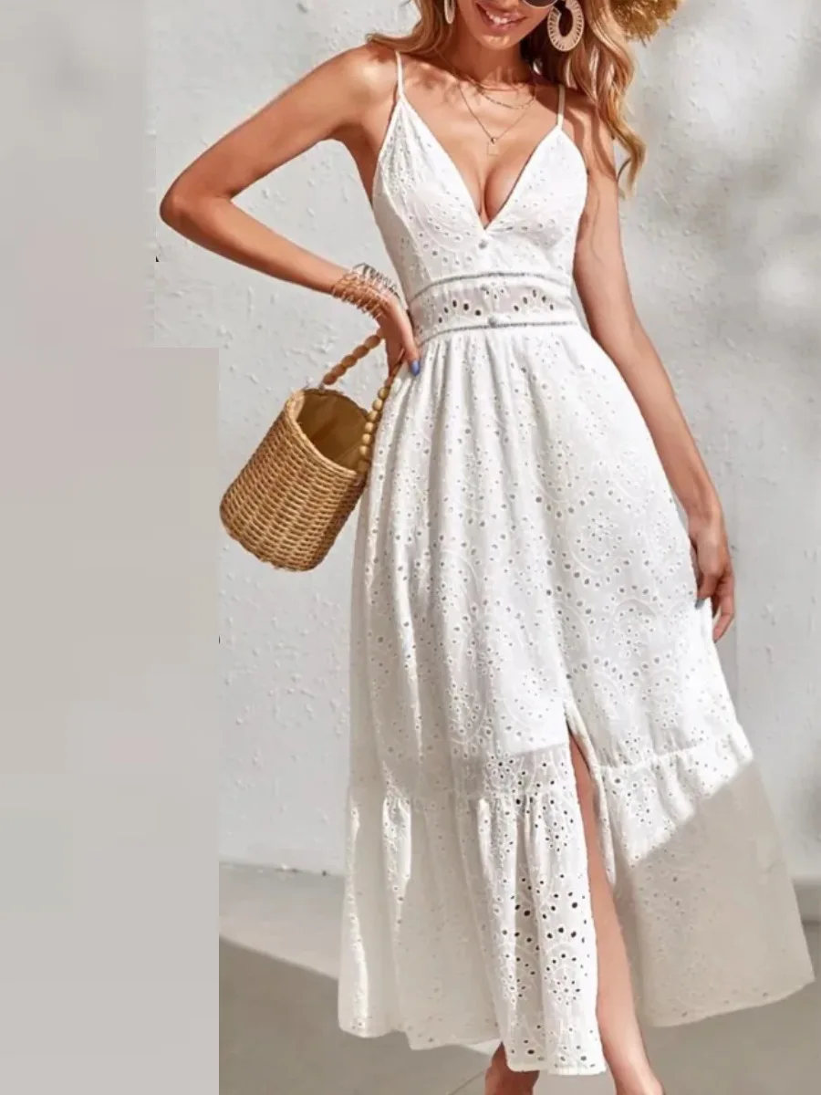

Fashionable Sexy Hollow out Halter Dress Beach Skirt Summer High Waist A-Line Gown Sleeveless V-Neck Long Dress for Women