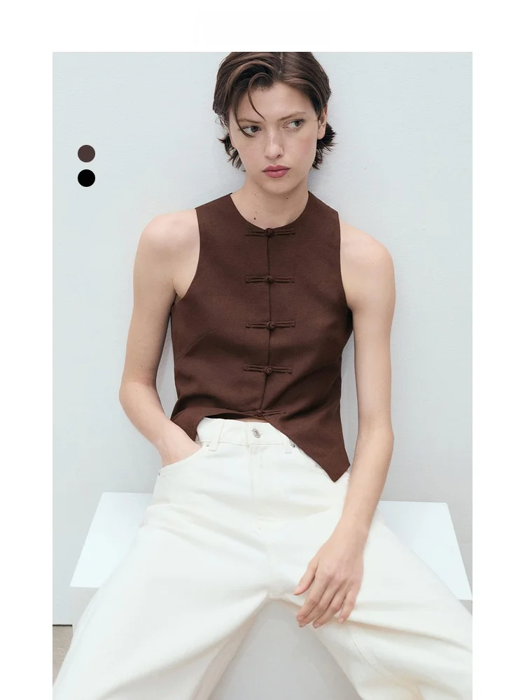 

Mango Women's Slim Fit Linen Blend Vest round Ne Svel Button up Faion Versatile Single Piece Regular Thin