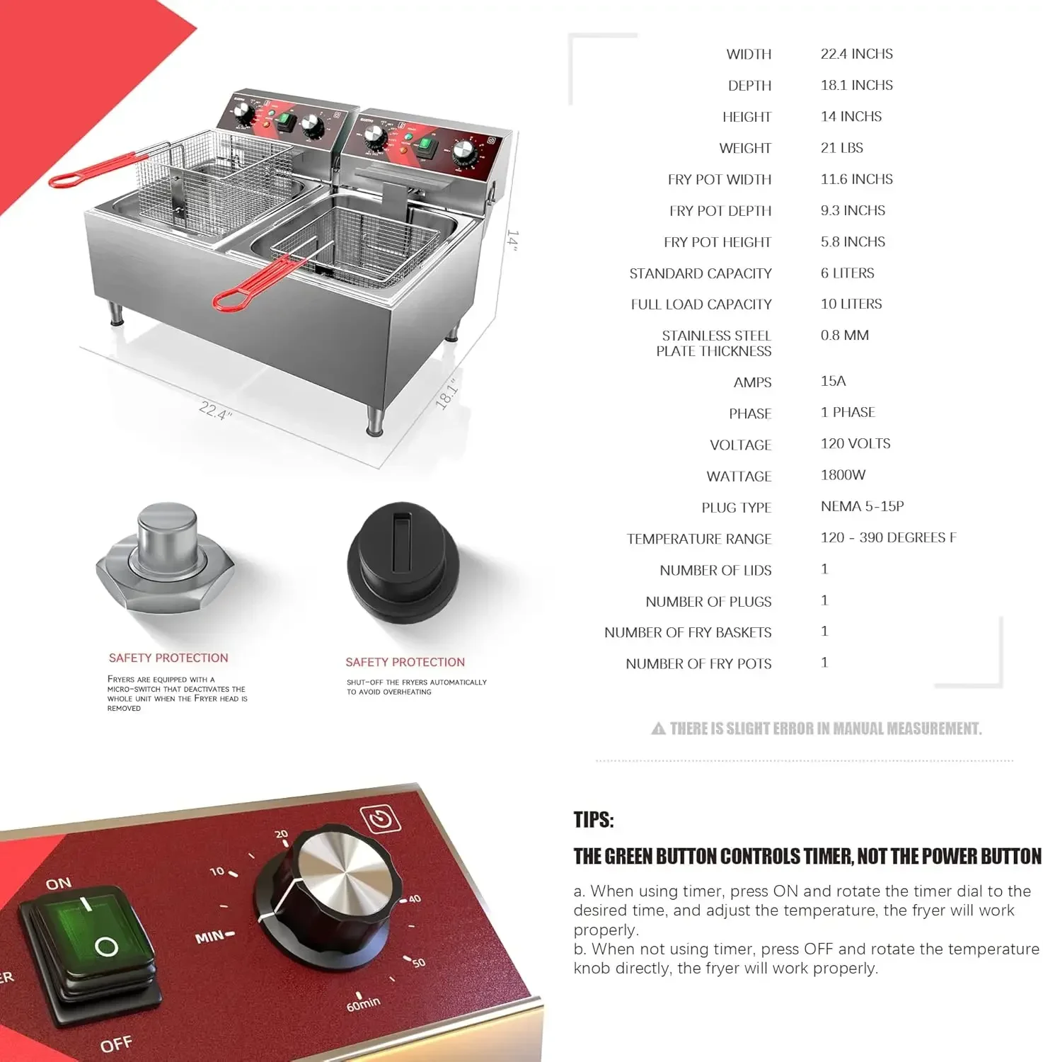 Friteuse Électrique Commerciale en Acier Inoxydable avec Minuterie pour Touriste, Précieux, 2 Paniers, Grande Capacité, 10l x 2