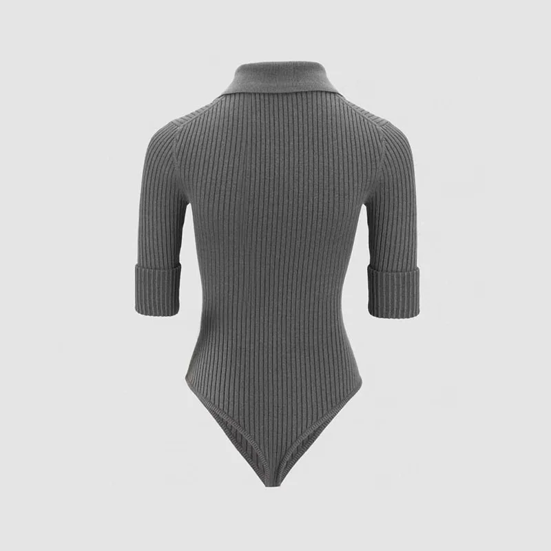 Lapel knitted jumpsuit for women 2025 new style slimming and form-fitting mid-sleeved Polo collar tight elastic base layer