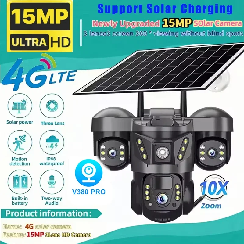 

Outdoor Solar Camera 4G Security Cameras Solar Panel 15MP 3 Lens 3 Screens 360° Panoramic View Auto Tracking Colour Night Vision