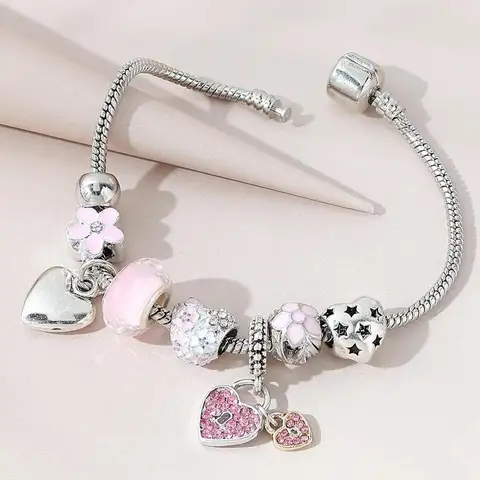 Love Heart Flower Glass Pendant Charm Bracelet Classic Pink White Crystal Stone Adjustable Bead Bracelet Silver Gold Color