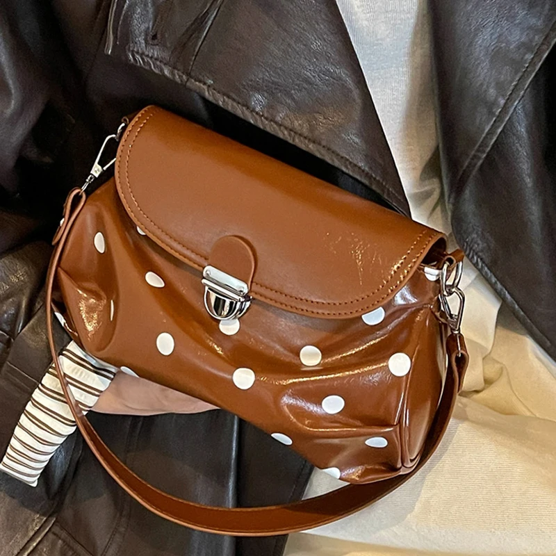 Autumn Winter Retro Polka Dot Crossbody Bag Light Luxury High-end Shoulder Bag Korean Elegant Lock Closure Flap Pleated Handbag