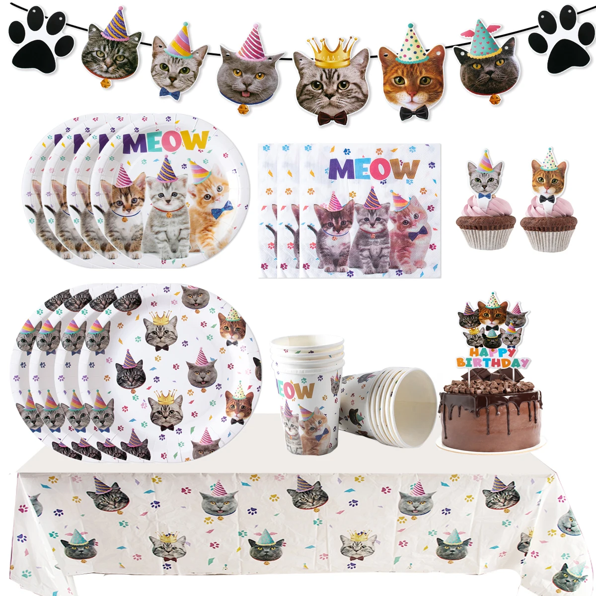 Cat Birthday Party Supplies cute Cat Theme Tableware Paper plates cup banner cake topper Kitten Birthday Party Table Decoration