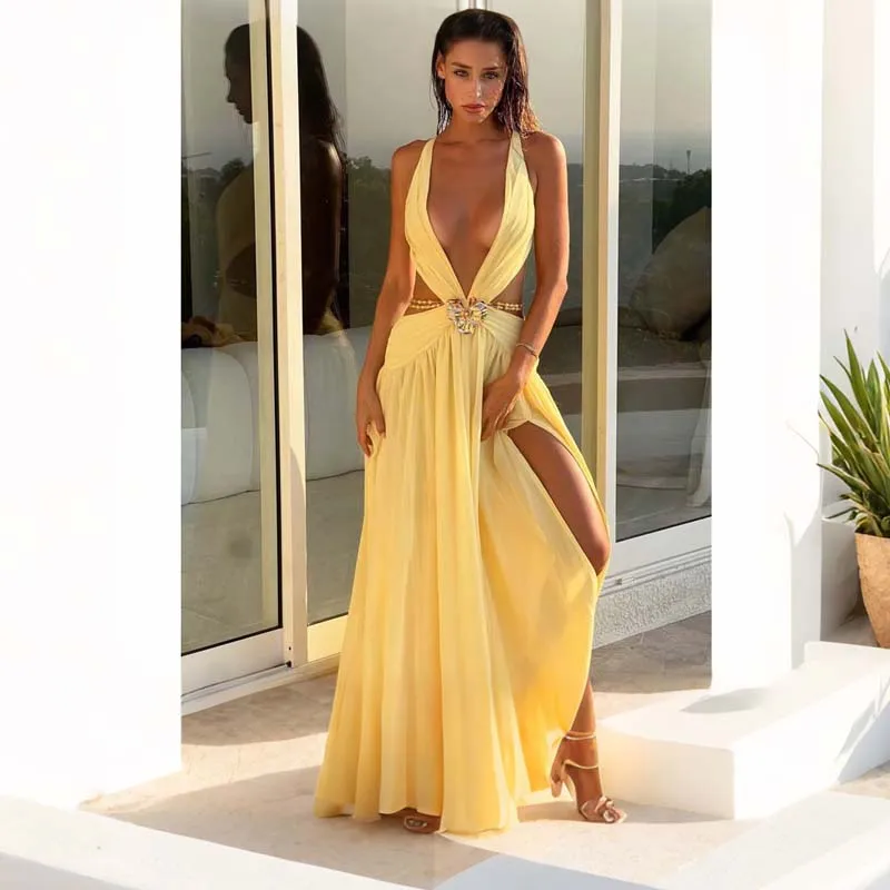 

YENKYE Fashion Backless Hem Slit Sexy Long Dress For Women Deep V Neck A-line Summer Holiday Beach Dresses Maxi Vestidos