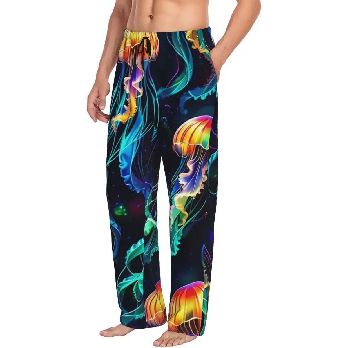 

Пользовательские психоделические биолюминесцентные мужские пижамные штаны в виде медузы, одежда для сна для отдыха, низ с карманами