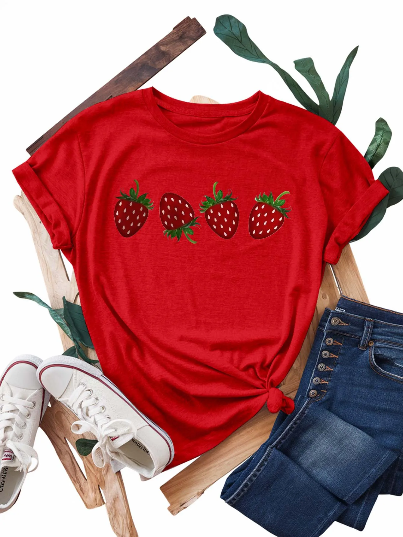 

Женские повседневные футболки с коротким рукавом и красным клубничным принтом, круглым вырезом, дышащие милые футболки в стиле Харадзюку, повседневные с короткими рукавами