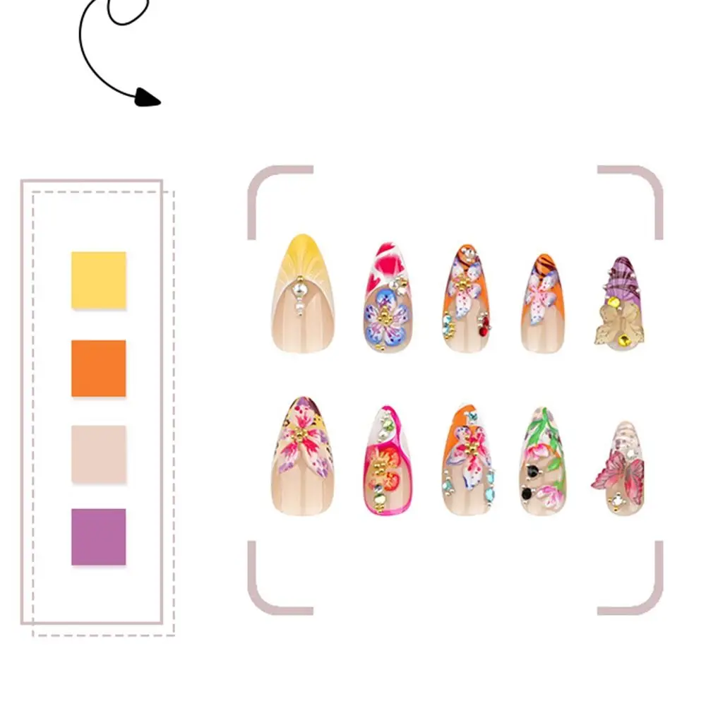 

24Pcs Colorful False Nail Patches Tropical Flowers 3D Printed False Nails Stickers Creative Wearable Almond Shaped Fake Nail