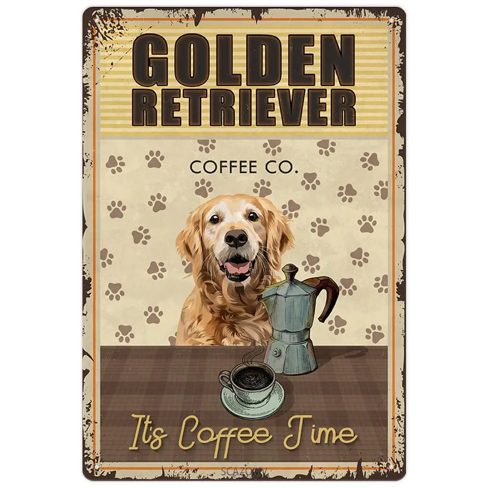 Golden Retriever Dog Coffee Co Metal Tin Sign Retro Print Poster For Home Kitchen Cafe Coffee Bar Wall Decor Farmhou