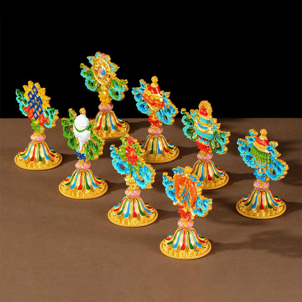 Tibetan eight-auspicious ornament sets, Double-sided relief painted auspicious eight treasures, Home Decor Buddhist ornaments