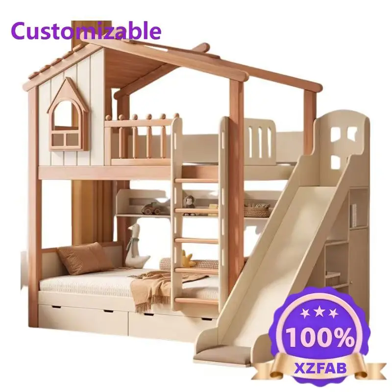 Factory Direct 2026 Solid Wood Kids Loft Bed with Closet Creamy Aesthetic High Sleeper Space Saving Storage Bed Frame for Childr