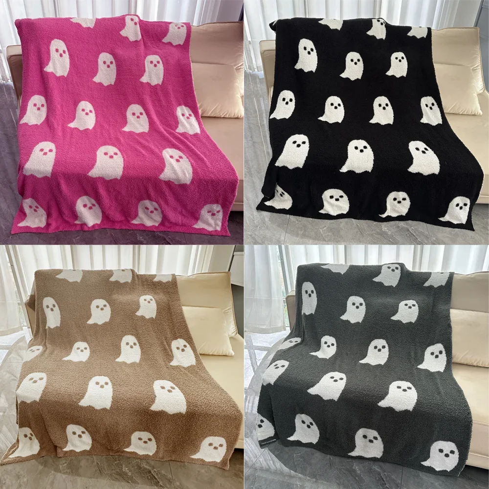 2023 Halloween Pink Ghost Blanket Cute Pink and White Ghost Double Sided Knitted Flannel Warm Blanket Toys for Children Gifts