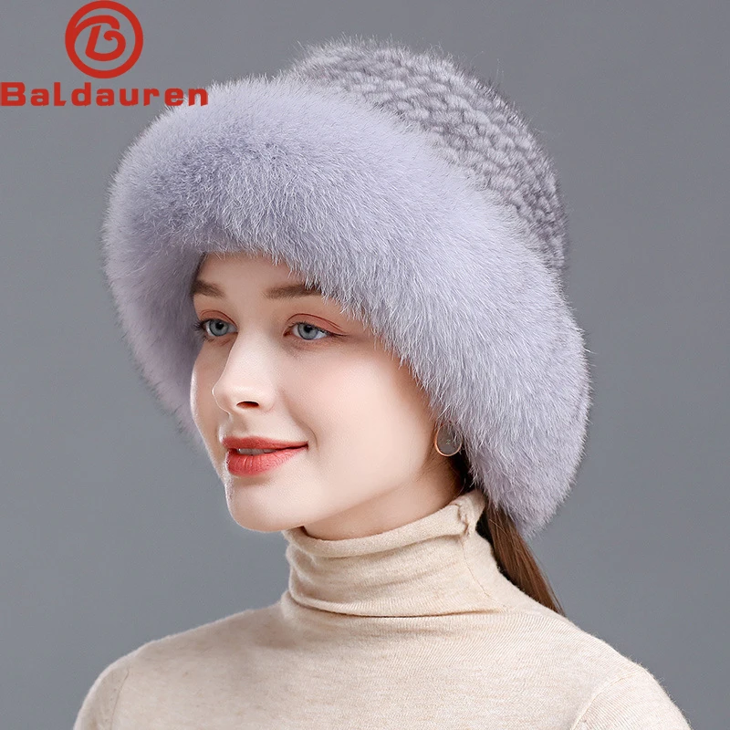 Real Fur Hats Winter for Women's Cap Natural Mink Fur with Fox Beanie Luxury Russian Sun Knitting Bucket Hat Bonnets Wholesale