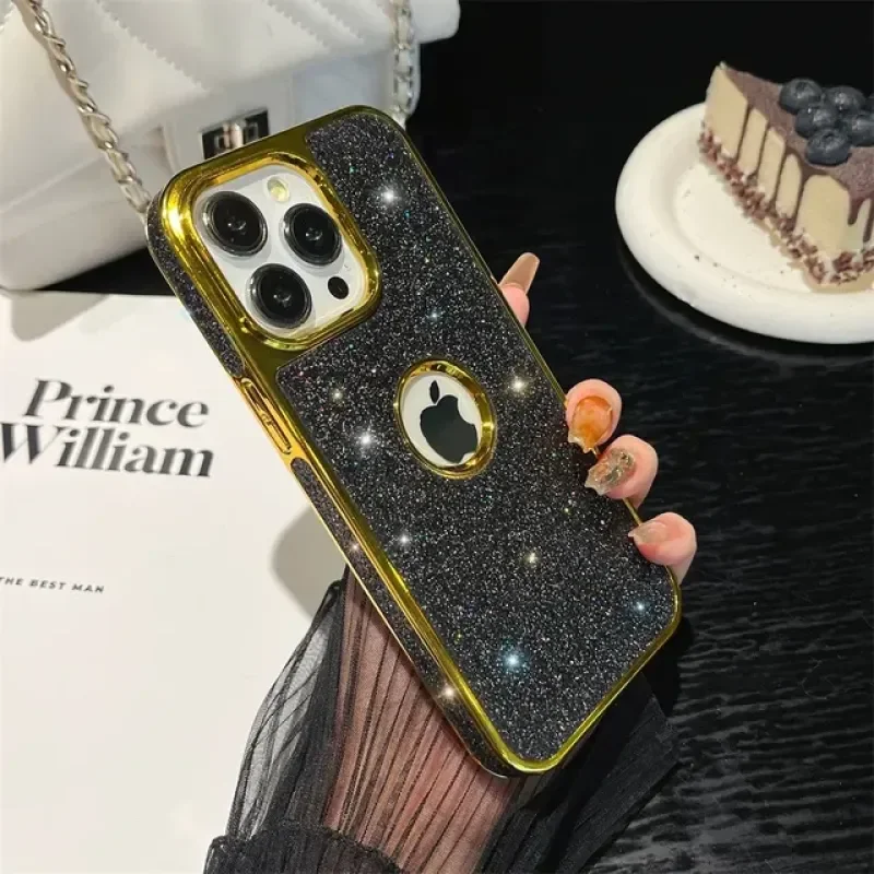 Luxury Electroplated Flash Logo Hole Phone Case For iPhone 15 Pro Max 14 13 12 11 Pro Max 15 14 Plus Flashing Shock-Absorbing Ul