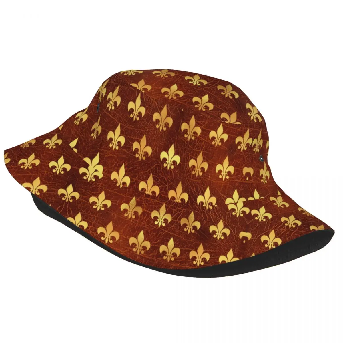 Foldable Royal Gold Brown Leather Fleur De Lis Bucket Hat for Men Women Lily Flower Summer Beach Sun Lily Flower Fisherman Cap