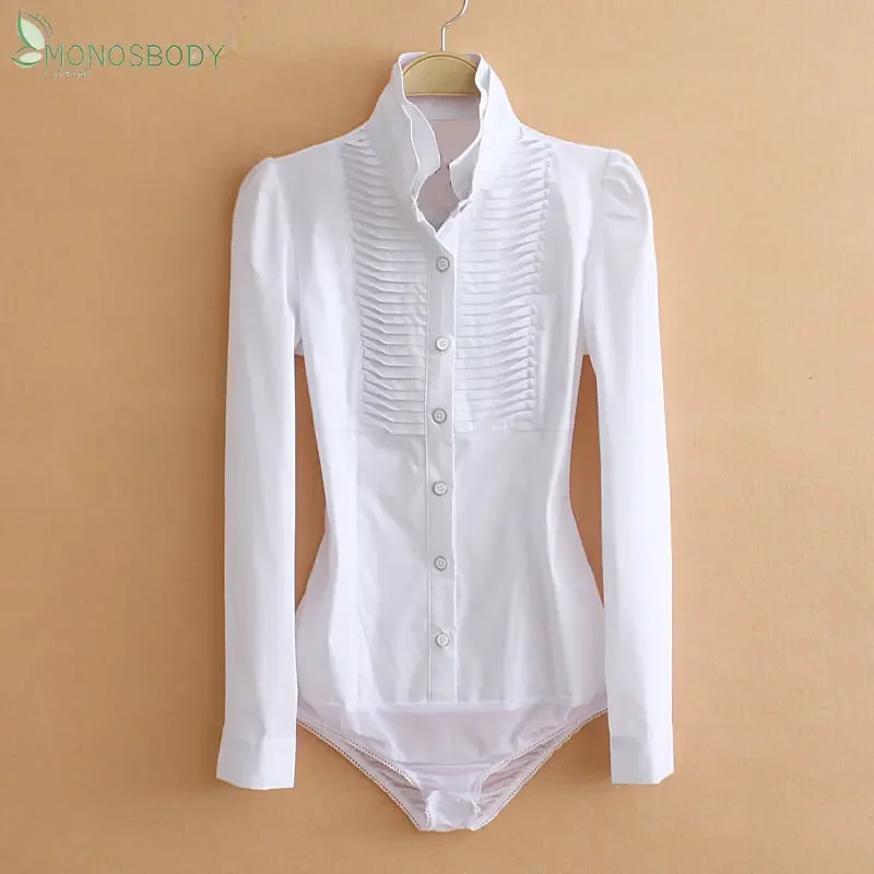 2024 Elegant Double Collar Long Sleeve Shirring Design Women Bodysuits Business Work White Shirts Office Blouses Work Rompers