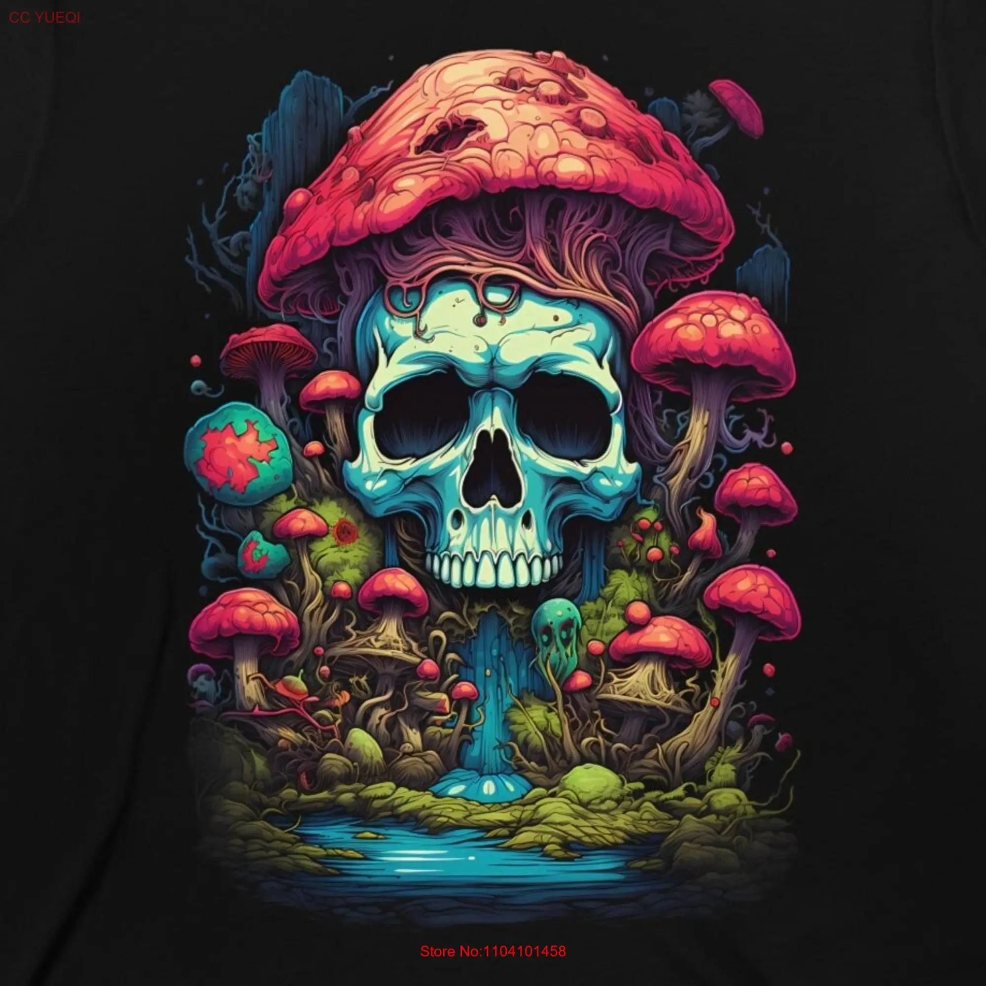 Skull with Mushrooms and Waterfall Psychedelic Triblend T Shirt long or short sleeves