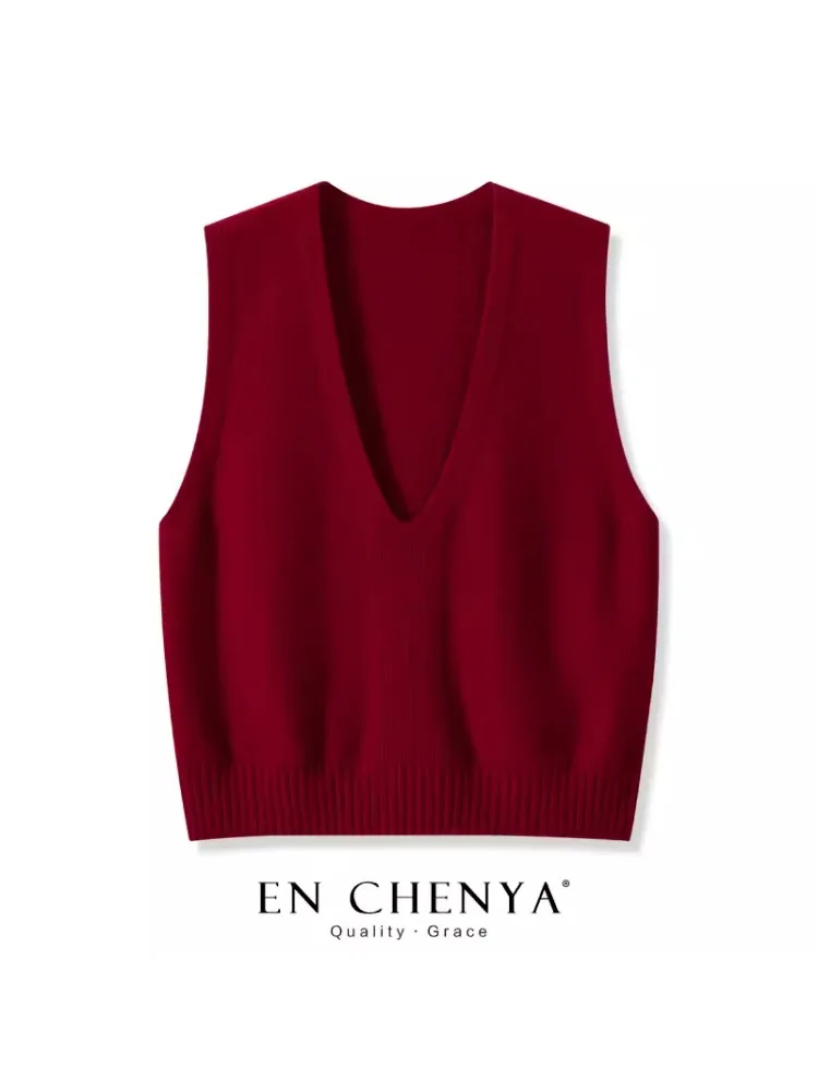 

Qingdao Wool Knitted Vest Large V-ne New Year Red Women's Layering Tank Top Korean Sle Loose Fit Color Knitwear