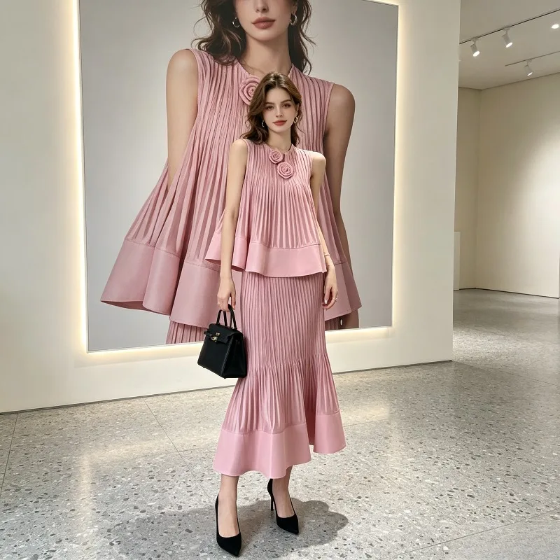 Miyake Pleated 2026 Summer New Fashion Casual Set Sleeveless Top Flowing Comfortable Skirt Simple Pleated Commuter Two-Piece Set