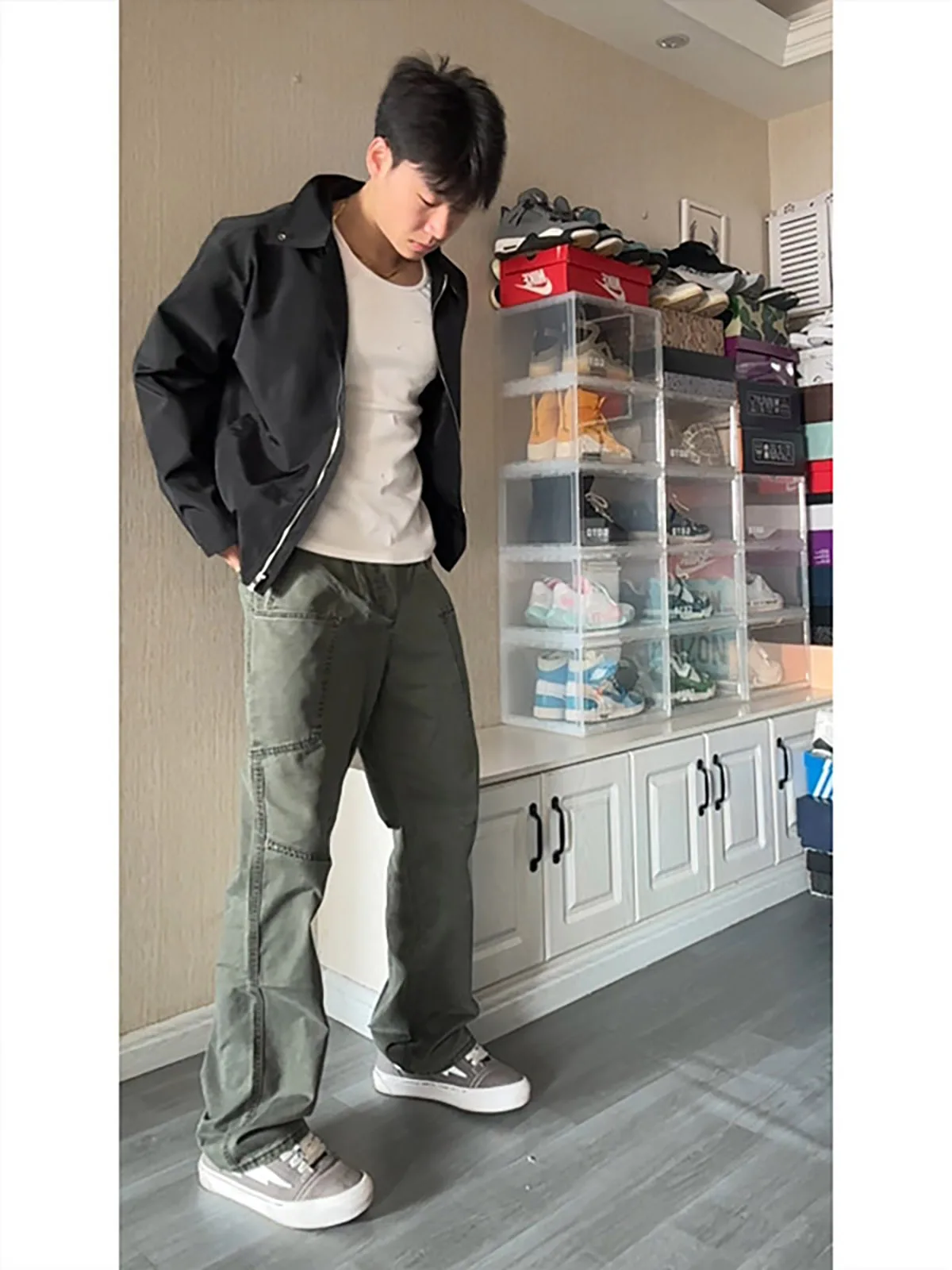Green Deconstructed Washed Knife Work Pants Men's Style American Logging Pants Flared Leg Trousers Straight Cut Casual Pants