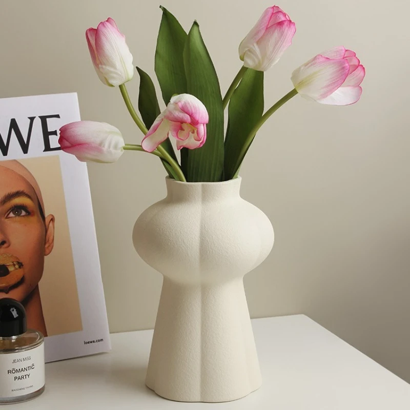 Nordic simple special-shaped ceramic vase, white matte textured flower ware, living room, bedroom, office desktop decoration