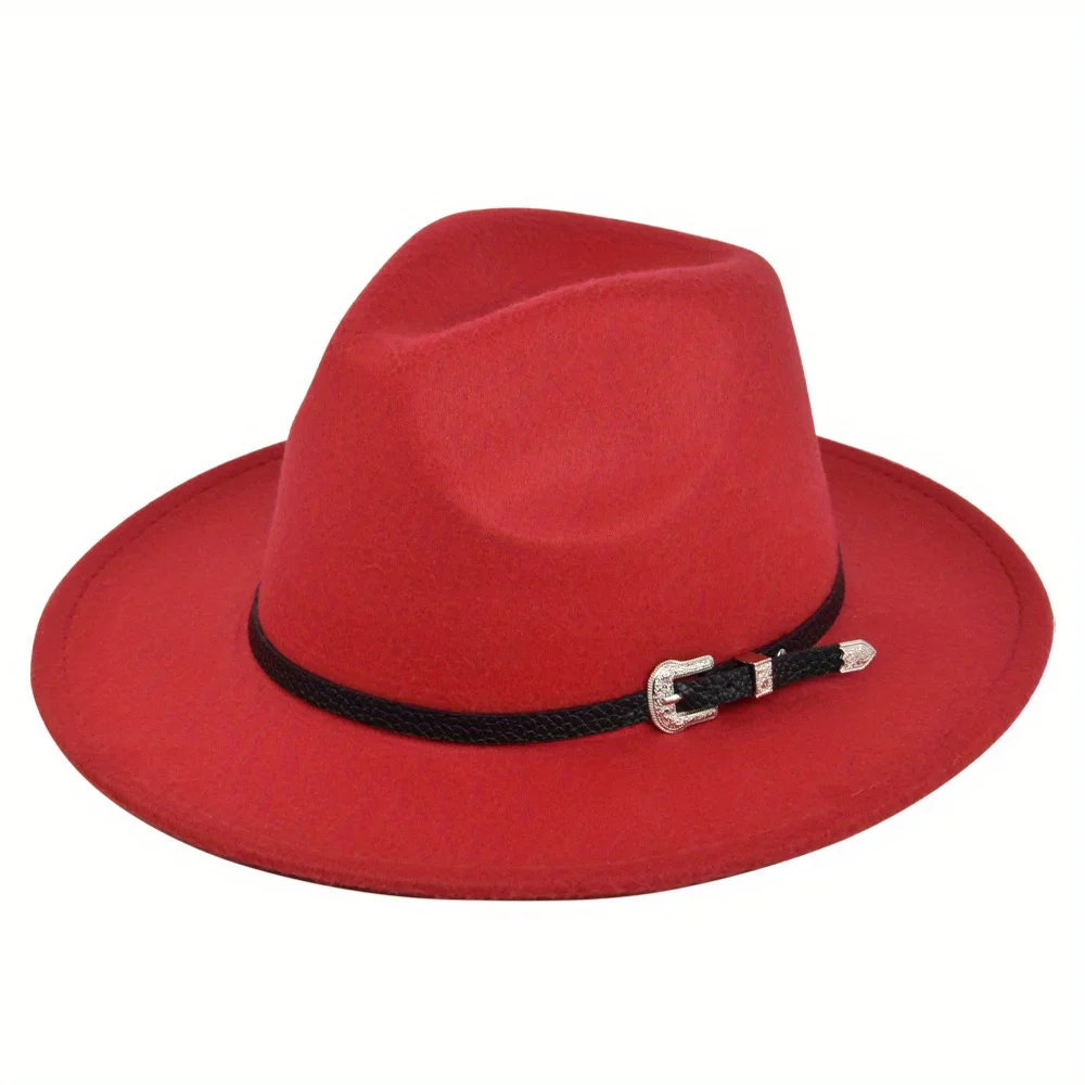 Sombrero Fedora de lana con cinta de cuero negro para hombre y mujer, Sombrero elegante de fieltro, ala ancha, Jazz, iglesia, Panamá, invierno y