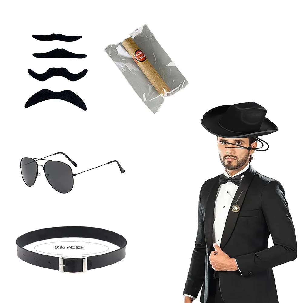 PESENAR ชุดเครื่องประดับผู้ชายสไตล์ตะวันตก: หมวกยีนส์+ผ้าพันคอสี่เหลี่ยมสีแดง+เข็มกลัดรูปนกอินทรี