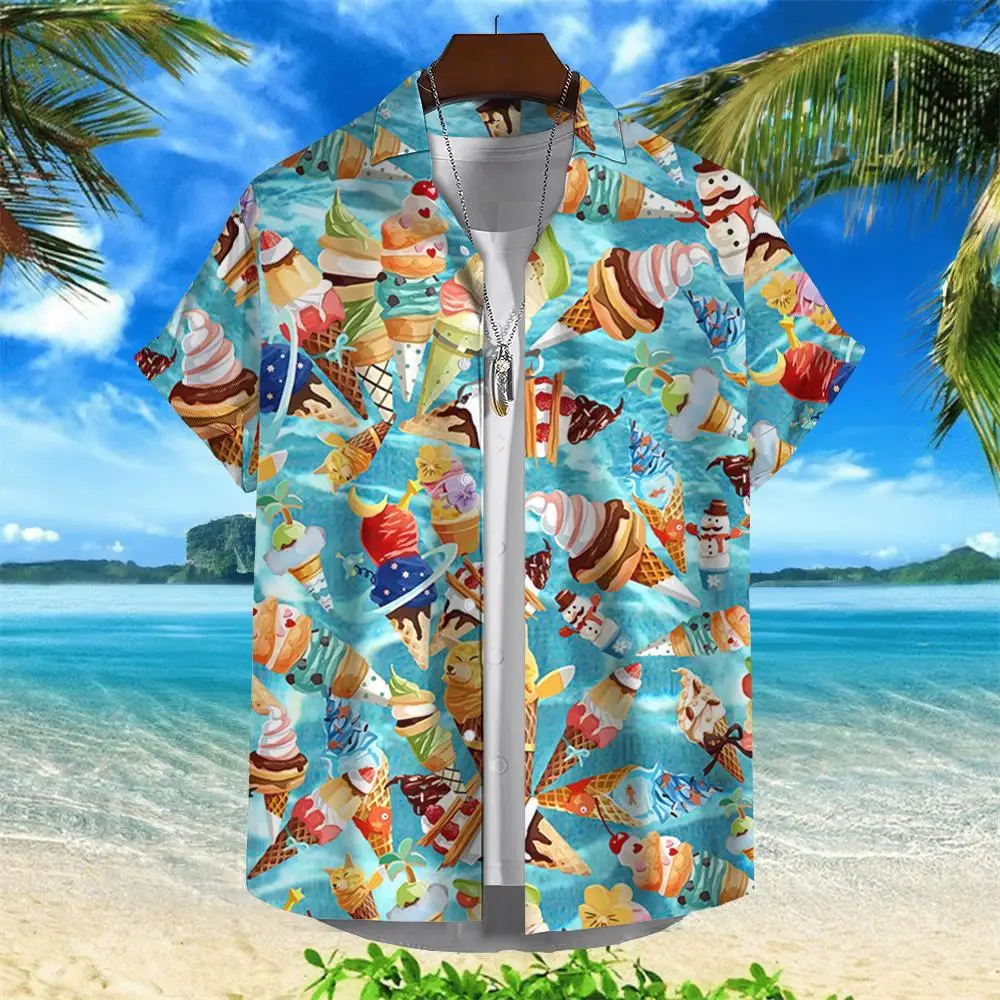 Hawaiian Shirt Ice Cream Printed Shirts For Men Spanish Short Sleeved Top Summer Streetwear Trendy Beach Party Social Clothing