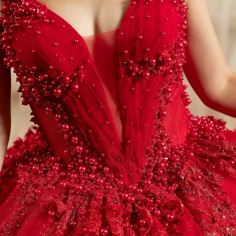 Personalizado brilhante vermelho quinceanera vestidos fora do ombro applique beadwork flor tull cauda longa vestido 15 quinceanera