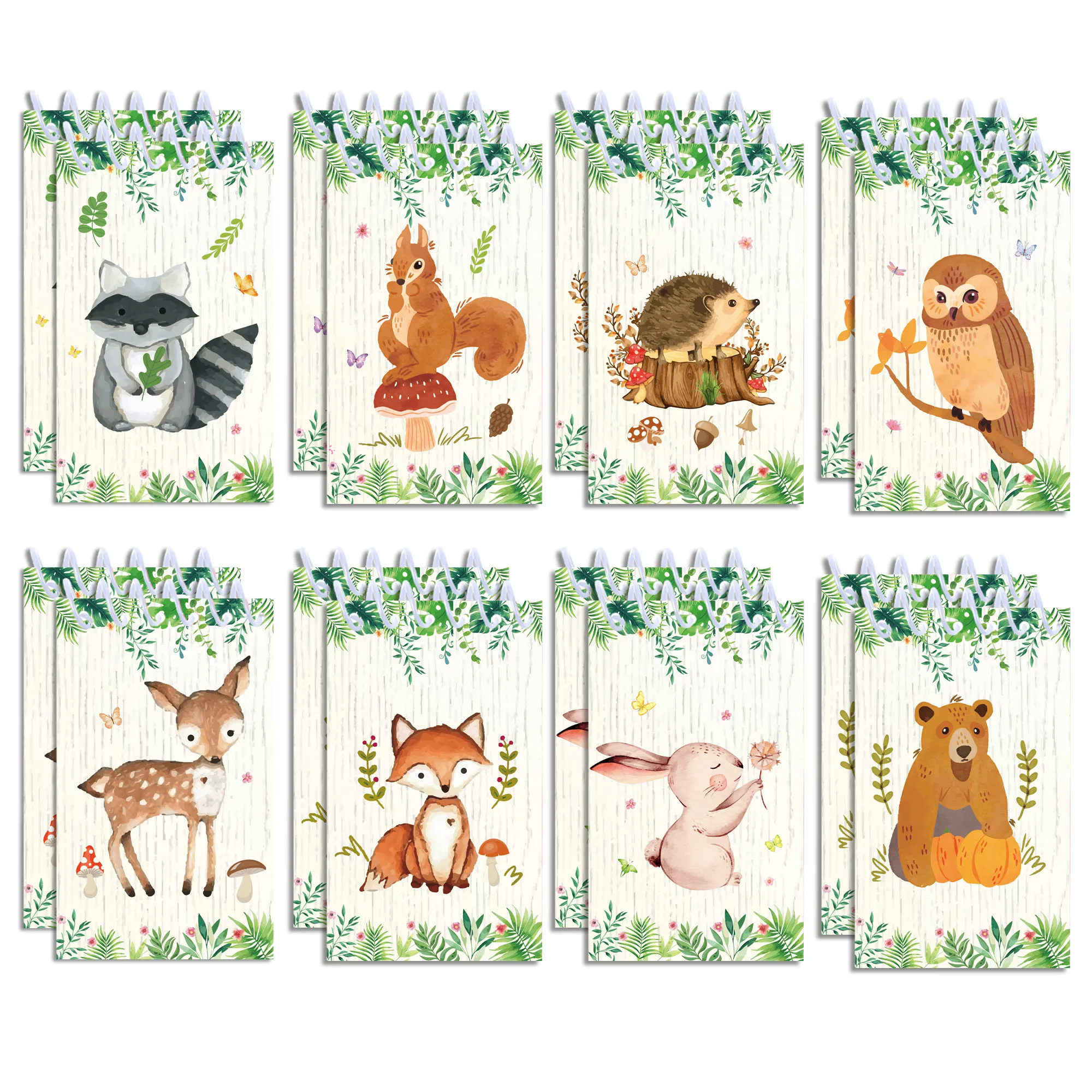 8/16/24pcs Woodland Party Small Spiral Notebook Jungle Wild Animals Print Pocket Notepad for Birthday Party Gifts Giveaways