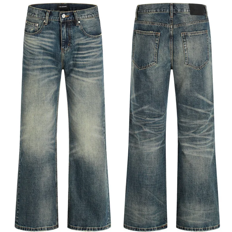 2025 primavera y otoño moda americana de los hombres High Street lavado Vintage Punk básico Casual tubo recto pantalones vaqueros sueltos