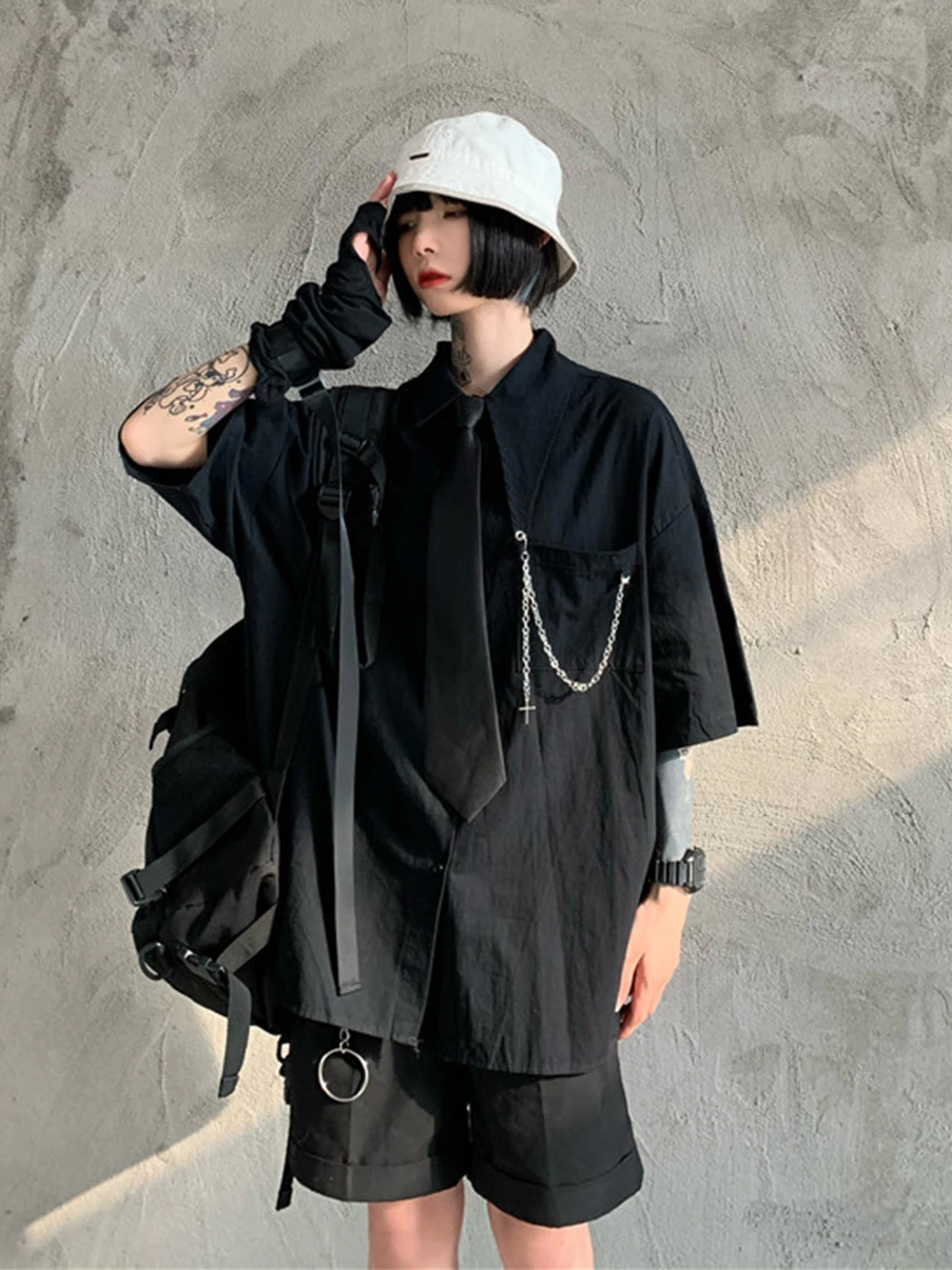 Women's Black Gothic Dark Blouses and Shirts Vintage Cargo Short Sleeve Shirt Y2k Gyaru Oversize Shirt Coat Top for Women Summer - view 4
