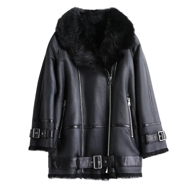 High Quality Real Sheepskin Leather Jacket Female Coat Natural Fur Coat for Winter Woman Merino Sheep Fur Locomotive Suit Black