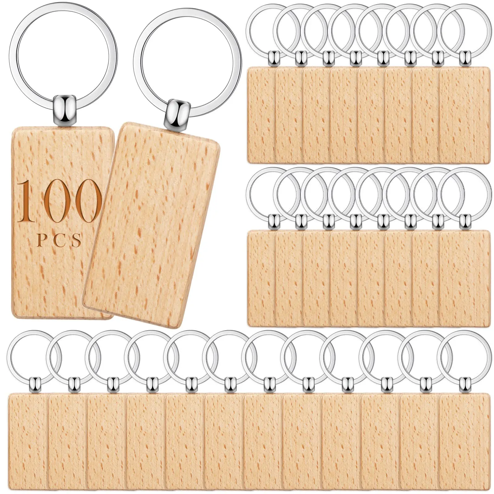 

100Pcs Blank Rectangle Wooden Key Chain Diy Wood Keychains Key Tags Can Engrave Diy Gifts