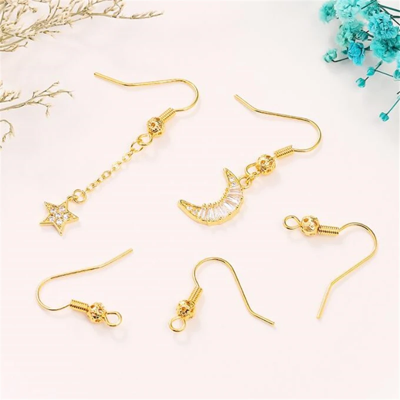 14k gold color plated brass ear hooks hollow ball earrings charm connectors for diy stud earrings jewelry making accessories