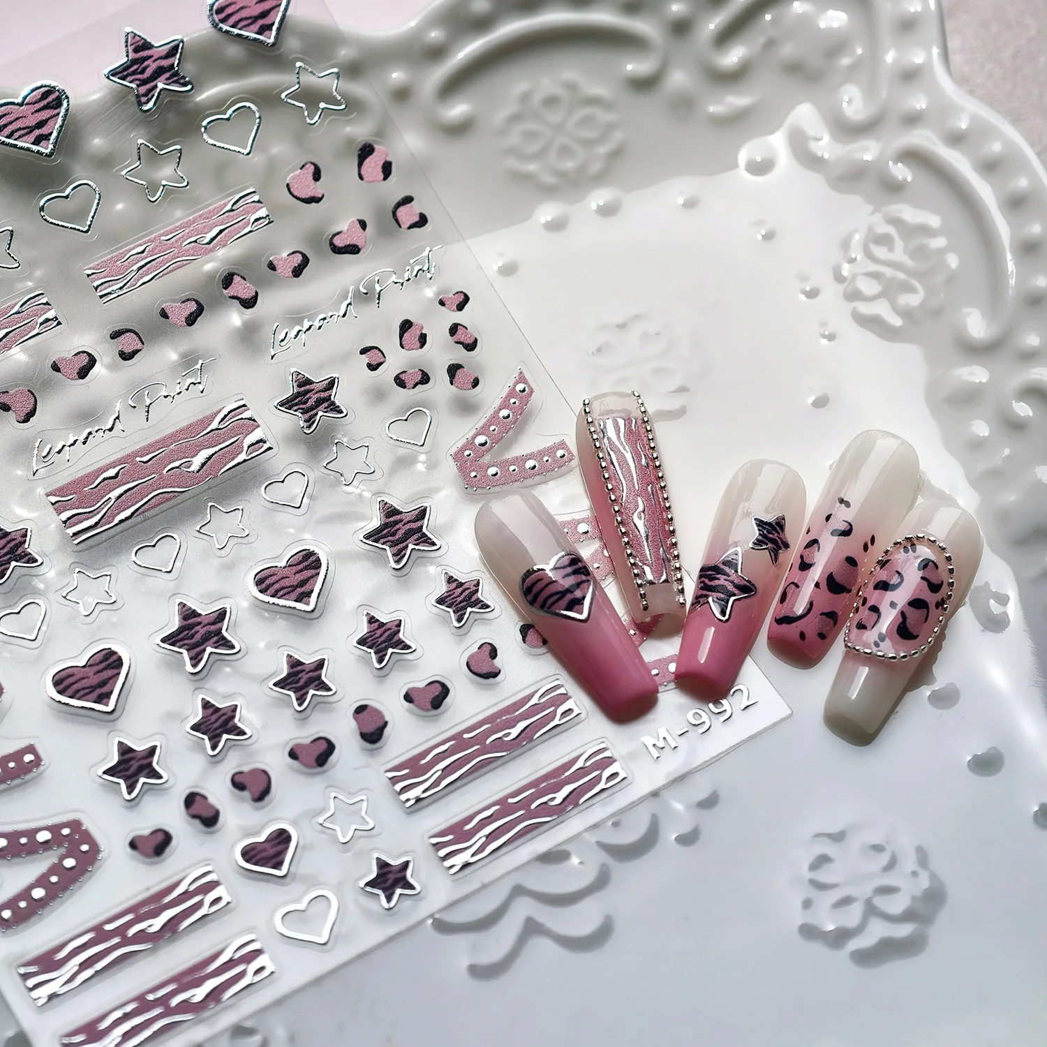1 stks 5D Roze Luipaard Ster Liefde Hart Nail Art Sticker Y2k Metalen Sliver Ster Hart Nail Decals Cool Girl lint Manicure Decals